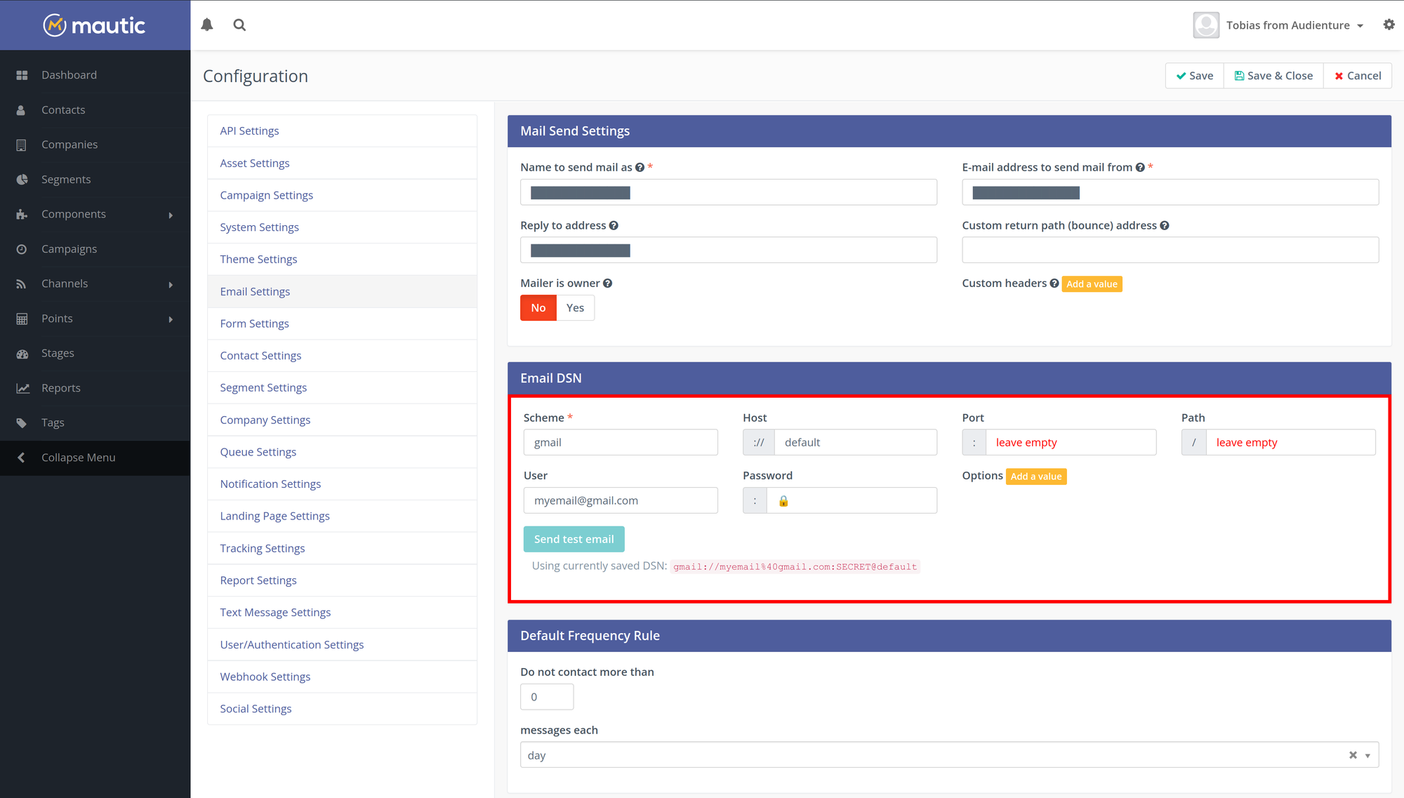 Mautic email settings for using the Gmail mailer transport